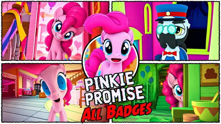 Gameplay video cover for PINKIE PROMISE All Badges: Pinkie Pie at the party door, the train conductor and the party hall collage