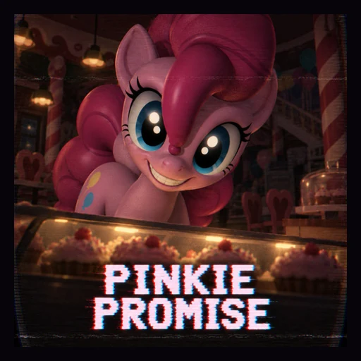 Official PINKIE PROMISE game icon: Pinkie Pie grinning over a cupcake display in a dark party hall with glitched title lettering